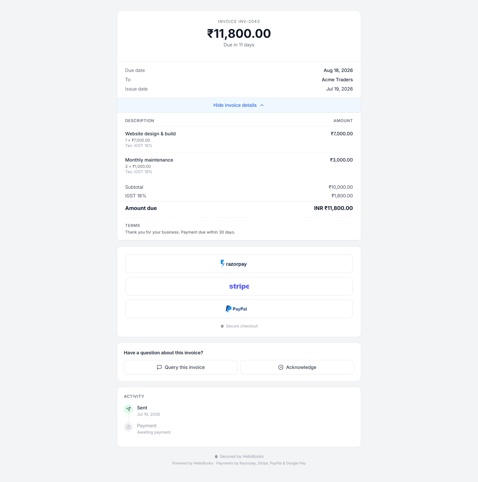 A HelloBooks online invoice a customer can view, pay with Razorpay, Stripe or PayPal, and print