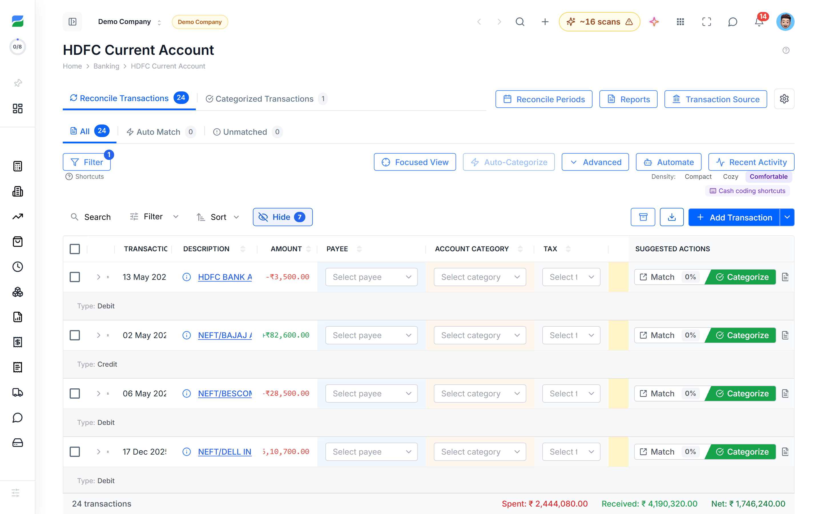 HelloBooks bank reconciliation screen showing a bank account with its transactions, AI match suggestions and confidence badges