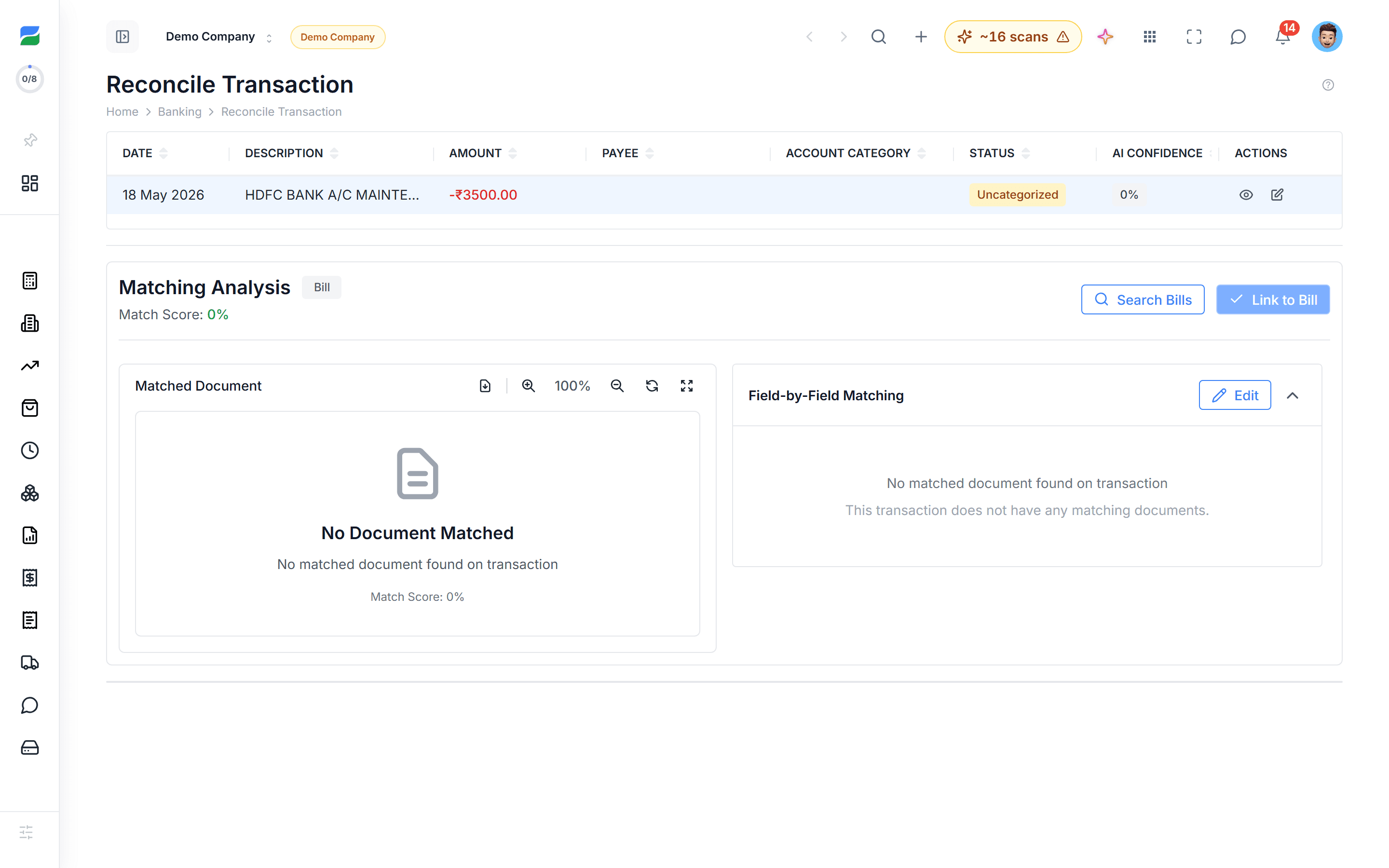 HelloBooks transaction match detail showing the matched document and an AI confidence score for a single bank transaction