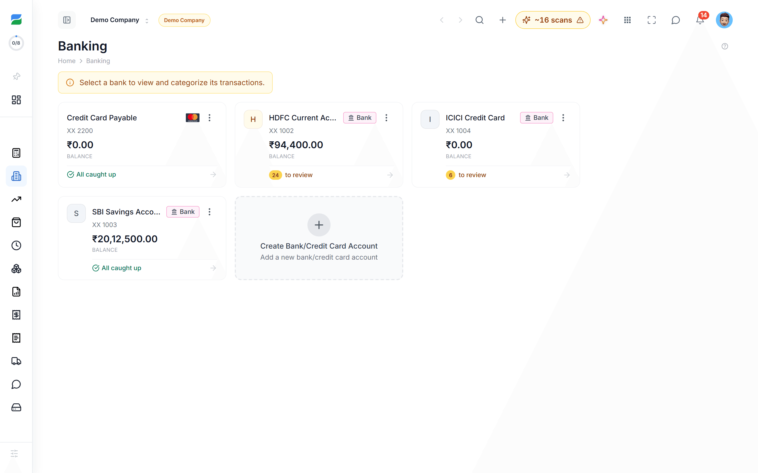 HelloBooks banking overview showing connected bank accounts with balances and recent transactions