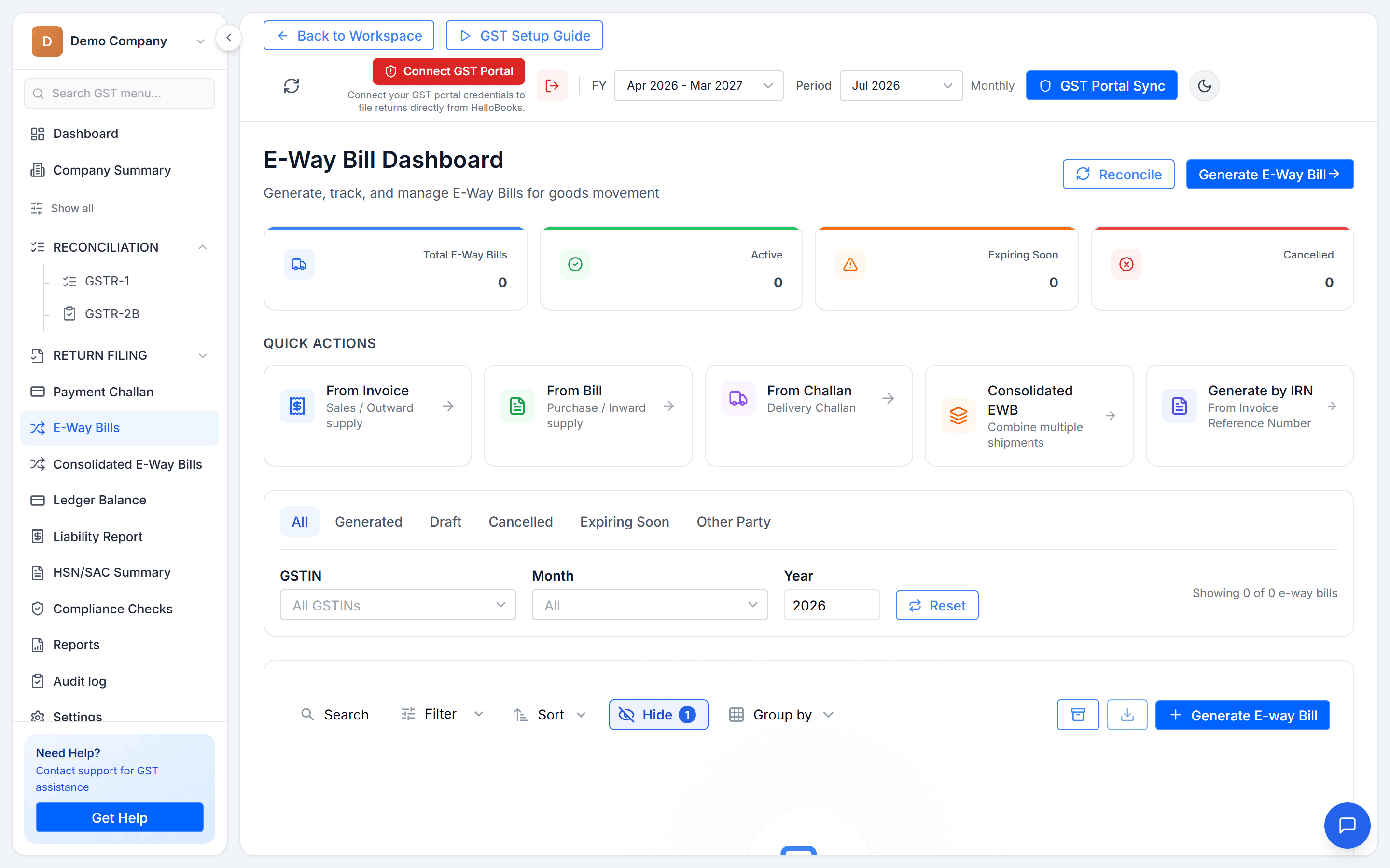 HelloBooks e-way bills screen showing generated e-way bills with validity, route and consignment details