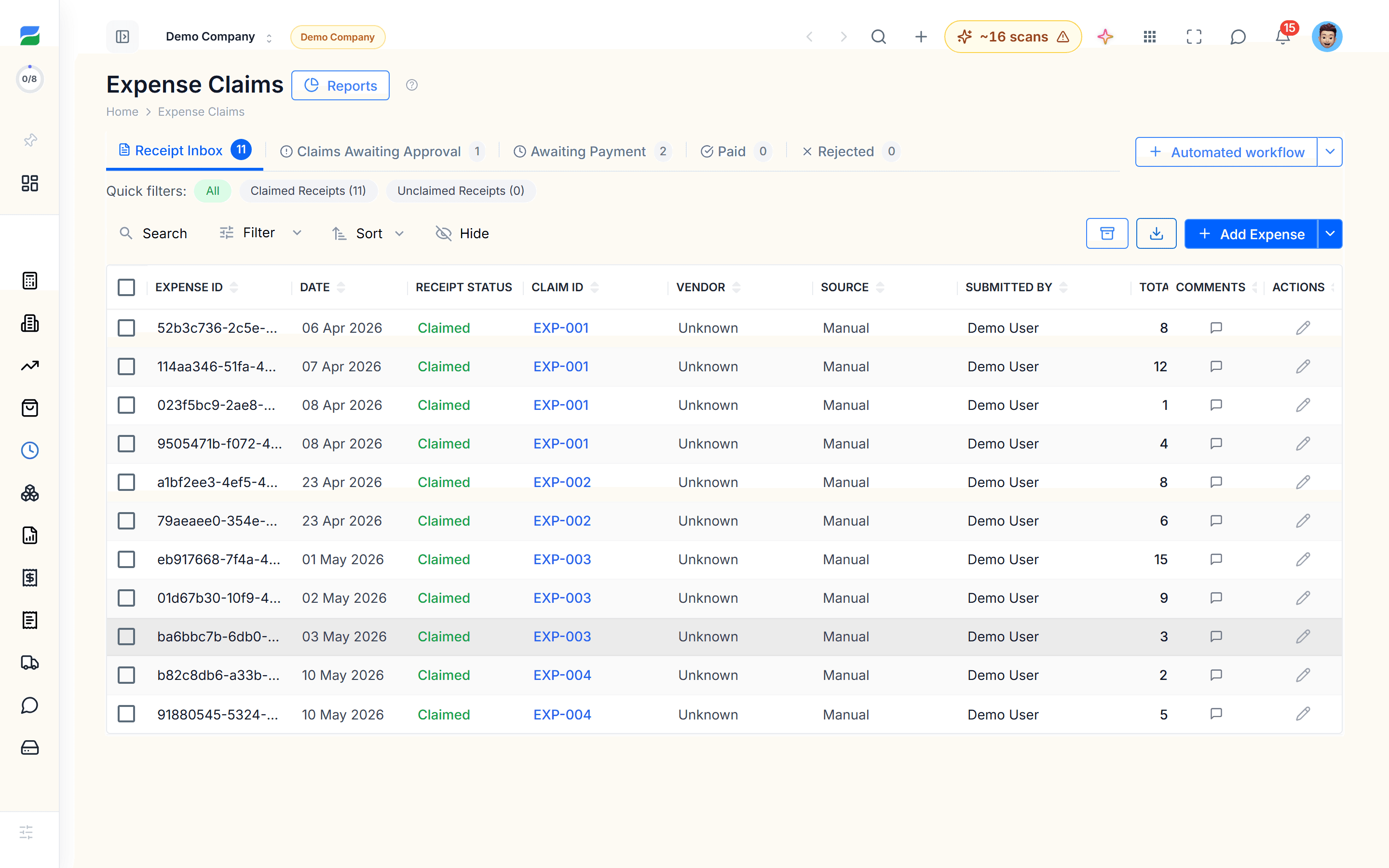 HelloBooks expense claims workspace showing captured expenses with vendor, amount, category and reconciliation status