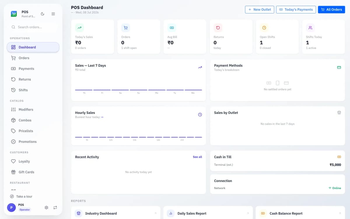 HelloBooks POS back-office dashboard with orders, payments, catalog and reports navigation