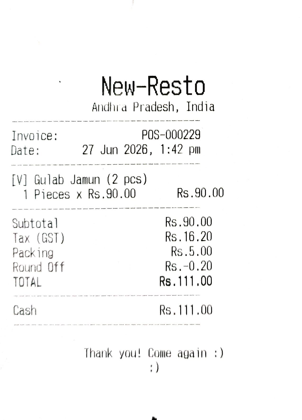 Restaurant POS bill from New-Resto showing item line, GST, packing charge and round-off
