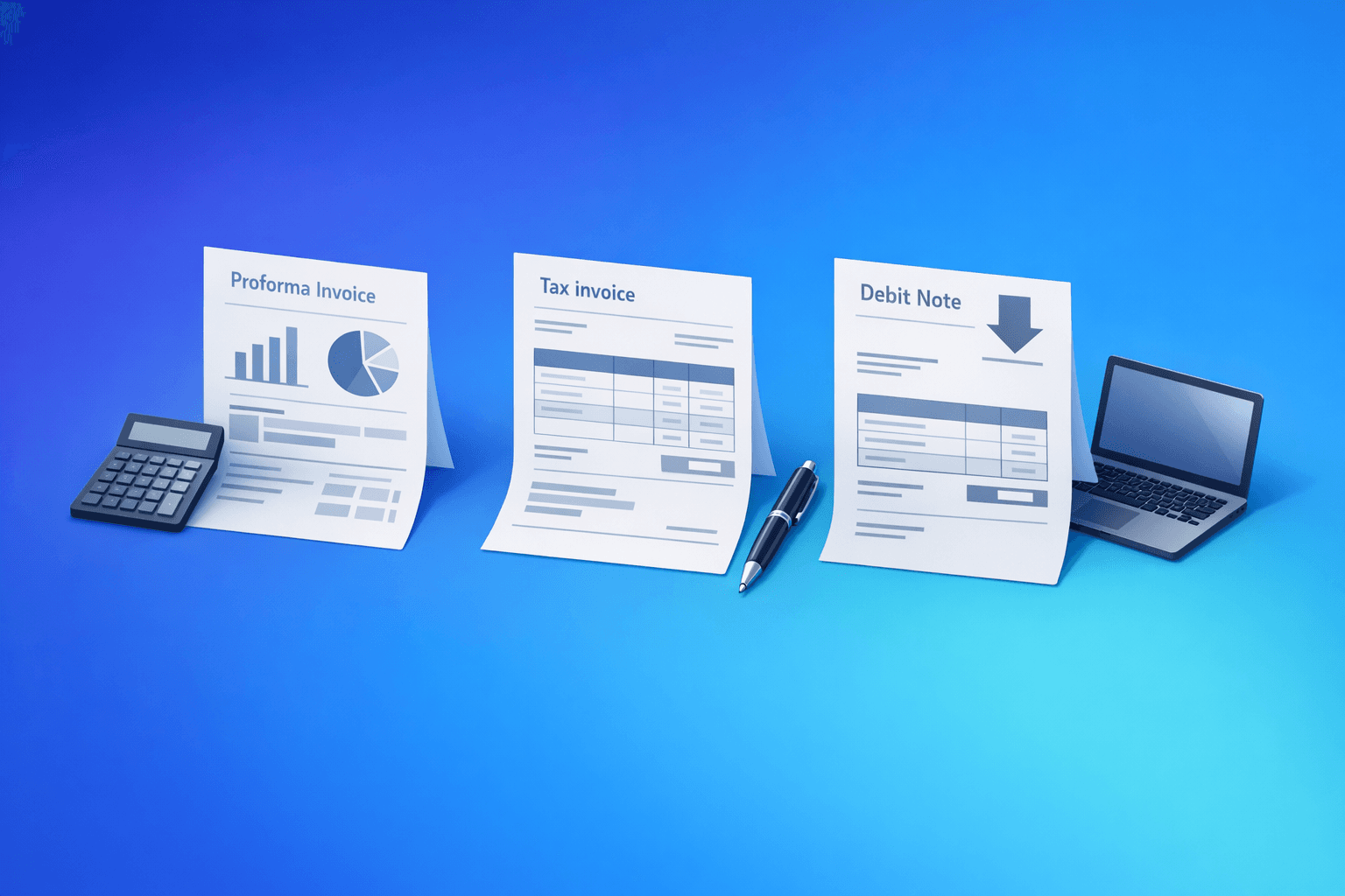 Cover: Difference Between Proforma Invoice, Tax Invoice, and Debit Note. Proforma Invoice vs Tax Invoice vs