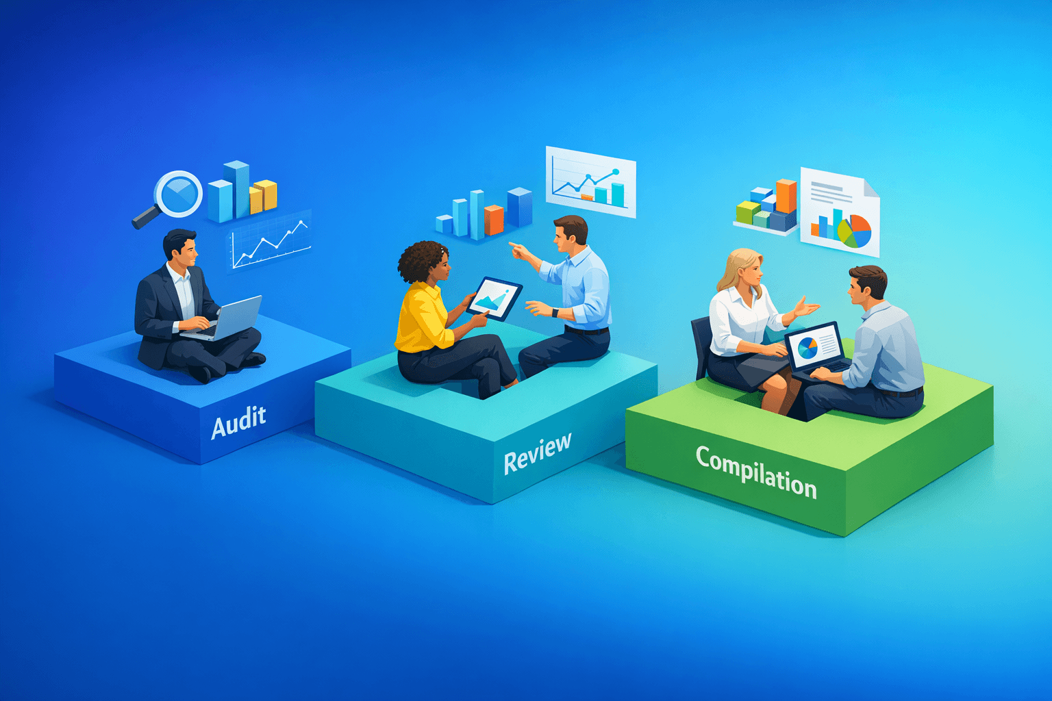 Cover: Differences between audits, reviews, and compilations of financial statements. Audit vs Review vs Co