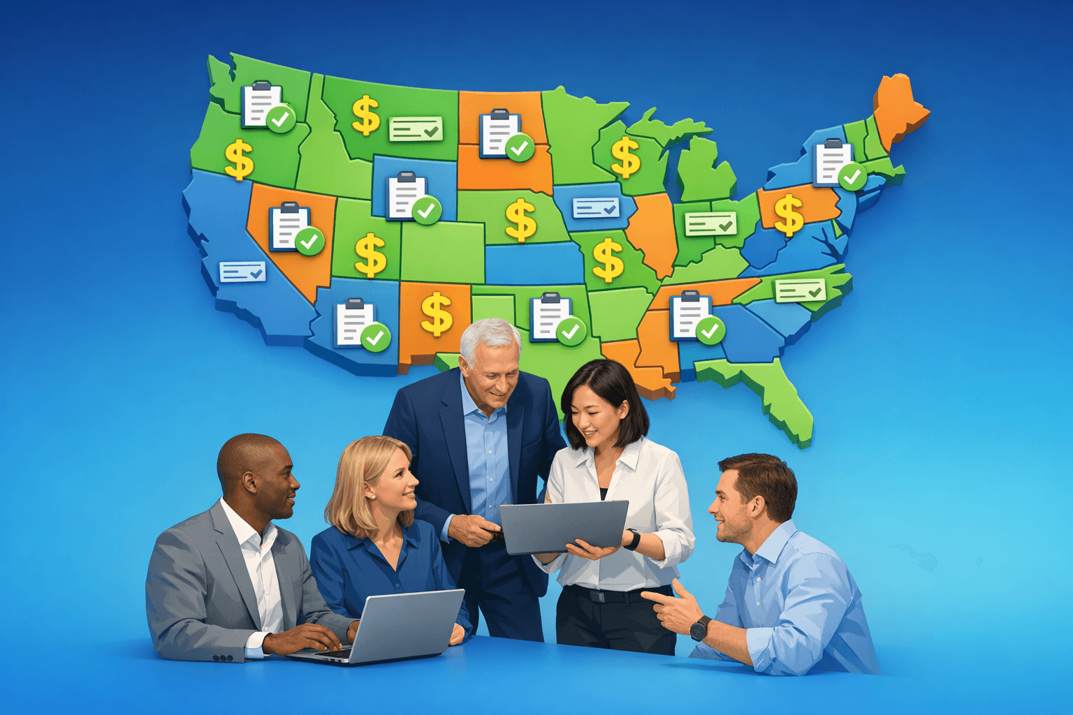 Cover: Running payroll for employees across multiple U.S. states. Multi-State Payroll Guide to Compliance a